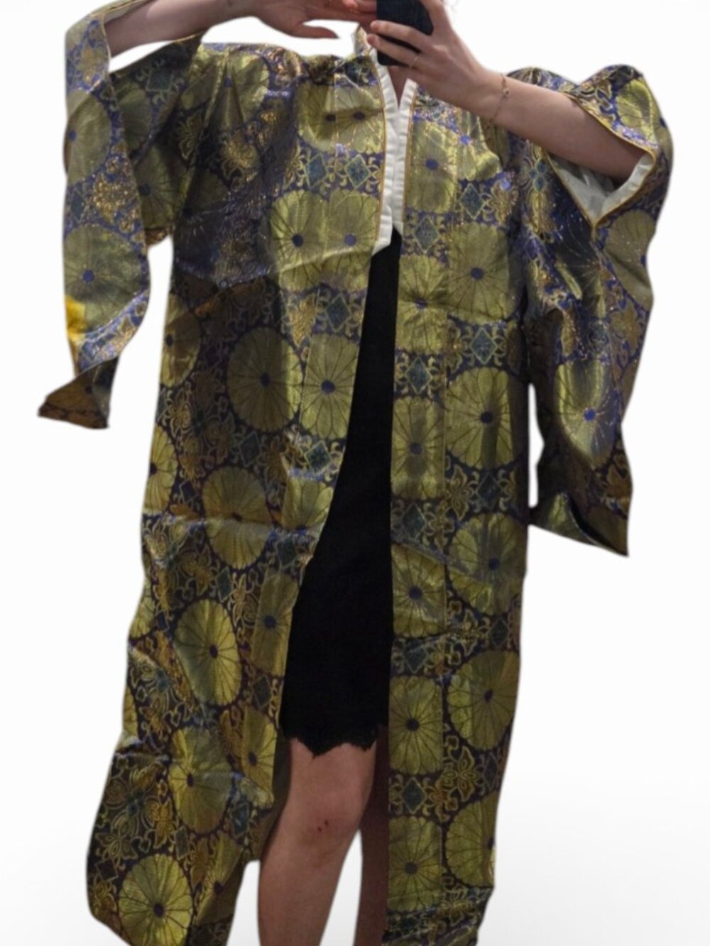 Gold Blue Brocade Kimono Robe with Obi Belt Traditional Japanese Style Robe